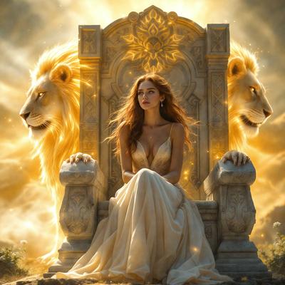 The primary subject of the image is a woman sitting on a chair, which is part of a larger scene featuring two lions. The setting is a fantasy-like environment, with the woman dressed in a white gown and surrounded by a golden, ornate chair. The visual style is a combination of digital art and illustration, creating a vibrant and detailed scene. The colors and mood of the image are predominantly golden and warm, evoking a sense of luxury and fantasy.